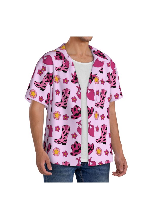 Retro Cowgirl Men's Linen Shirts Short Sleeve Cuban Beach Shirts Casual Shirts Button Down Shirt for Men Beach Summer Wedding Shirt-Large