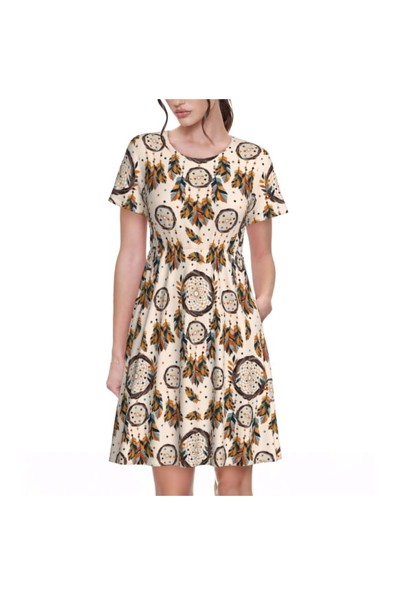 Retro Dreamcatcher Pattern Women's Short Sleeve Summer Dress Pleated Loose Swing Knee Length Short Sleeve Swing Dresses