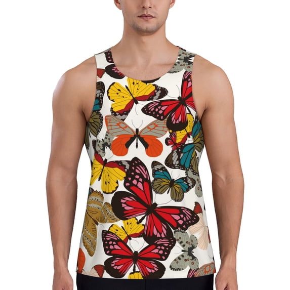 Picia Retro Floral Butterfly Printed Men’s Performance Tank, Men's Workout Tank Top Moisture-Wicking Tank Top Muscle tee, Breathable Workout Shirt-3X-Large