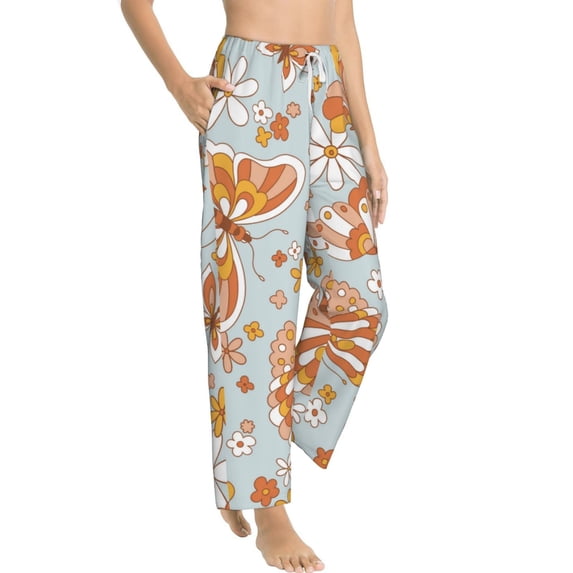 Picia Retro Floral Butterfly Womens Soft Woven Cotton Elastic Waistband Sleep Pajama Pant Lounge Sleep Pant With Pockets And Drawstring-Large