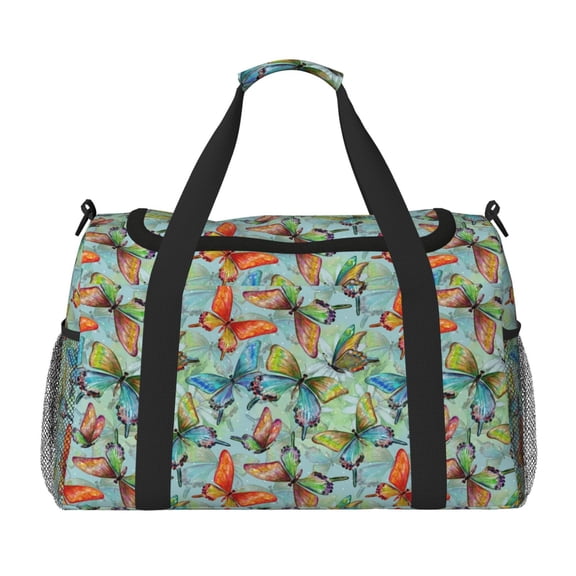 Picia Retro Flying Butterflies Print Travel Duffle Bag,Weekender Bags for Women with Shoe Compartment, Gym Duffel Bag with Wet Pocket, Hospital Bags for Labor and Delivery