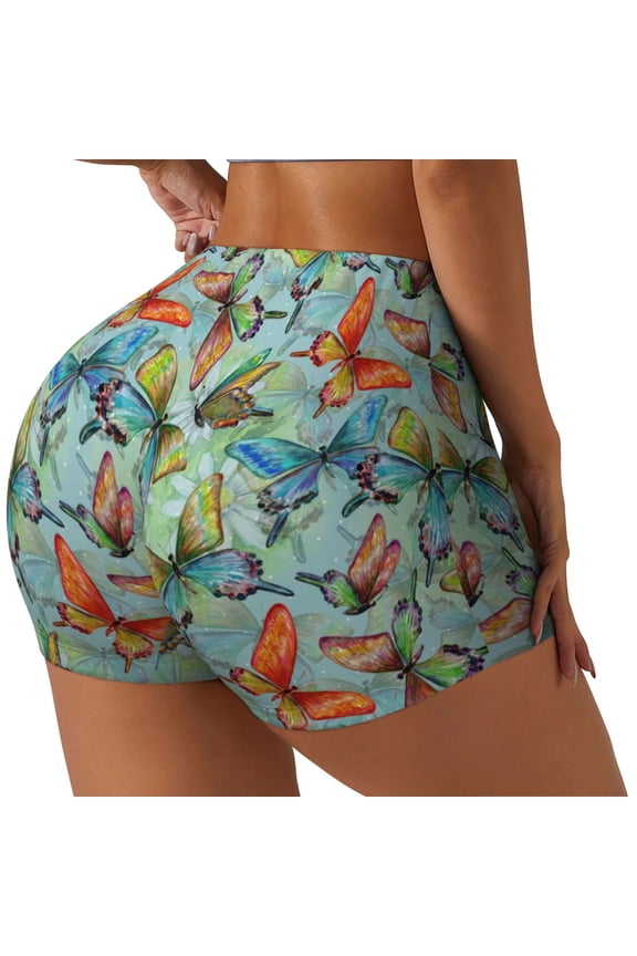 Retro Flying Butterflies Printed Workout Shorts for Women Seamless Scrunch Butt Lifting High Waisted Yoga Gym Booty Running Moisture-wicking Short Pants-Large