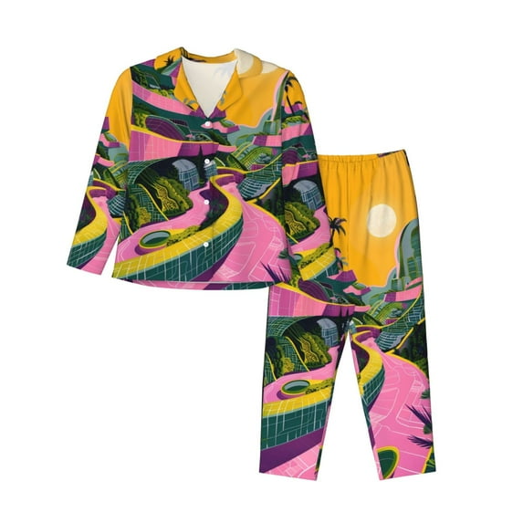 Picia Retro Futuristic Landscape Pattern Women’s Long-Sleeve Sleepwear Set - Soft 2-Piece Loungewear with Pockets, Comfy PJs for Relaxing Nights-X-Large
