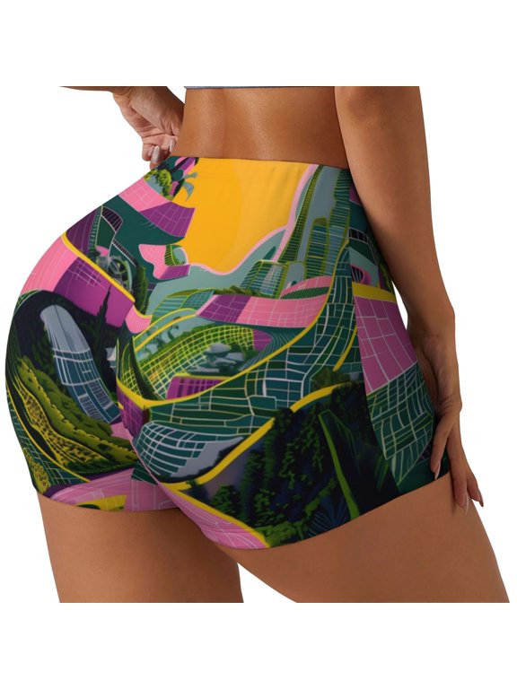Retro Futuristic Landscape Printed Workout Shorts for Women Seamless Scrunch Butt Lifting High Waisted Yoga Gym Booty Running Moisture-wicking Short Pants-XX-Large