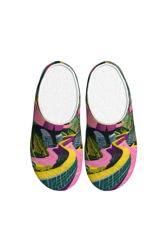 Retro Futuristic Landscape for Women's Lamb-hug Comfy Fleece House Slippers Memory Foam, Slip-on House Shoes Indoor Outdoor-39/40