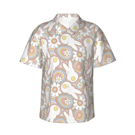 Picia Retro Hippie Groovy Easter bunny Pattern Men's Hawaiian Shirt – Soft Cotton Regular Fit Short Sleeve Shirt, Casual Beach Shirt for Summer, Vacation, and Outdoor Wear,Medium