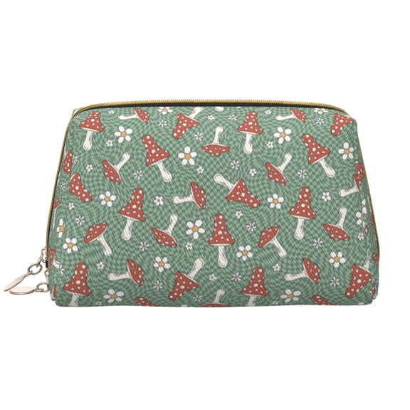 Picia Retro Hippie Groovy Mushroom Print Leather Makeup Bag Make Up Bag Travel Toiletry Bag for Her Girlfriend Teacher Teen Girl Gifts