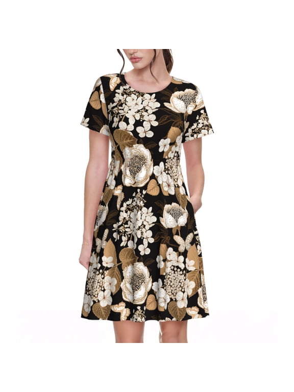 Retro Hydrangeas Pattern Women's Short Sleeve Summer Dress Pleated Loose Swing Knee Length Short Sleeve Swing Dresses
