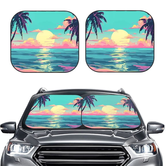 Picia Retro Palm Beach Sunset 2 Piece Car Windshield Sun Shade Foldable | Foldable Sun Shield for Front Window Blocks UV Rays and Keeps Your Vehicle Cool-Medium
