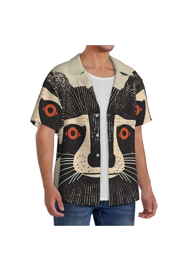 Retro Raccoon Graphic Print Men's Linen Shirts Short Sleeve Cuban Beach Shirts Casual Shirts Button Down Shirt for Men Beach Summer Wedding Shirt-X-Large
