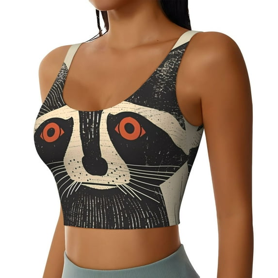 Picia Retro Raccoon Graphic Print Sports Bra for Women,Padded Strappy Sports Bras Medium Support Yoga Bra with Removable Cups,Running Yoga Bra-Medium