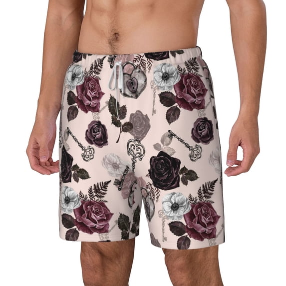 Picia Retro Red Black Roses pattern Mens Swim Trunks with Compression Liner Stretch Beach Shorts Quick Dry with Zipper Pockets No-Chafing Board Shorts-X-Large