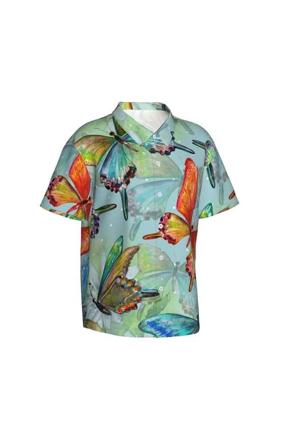 Retro Seamless Flying Butterflies Gentle Cotton Regular Fit Short Sleeve Casual Hawaiian Shirt for Men-