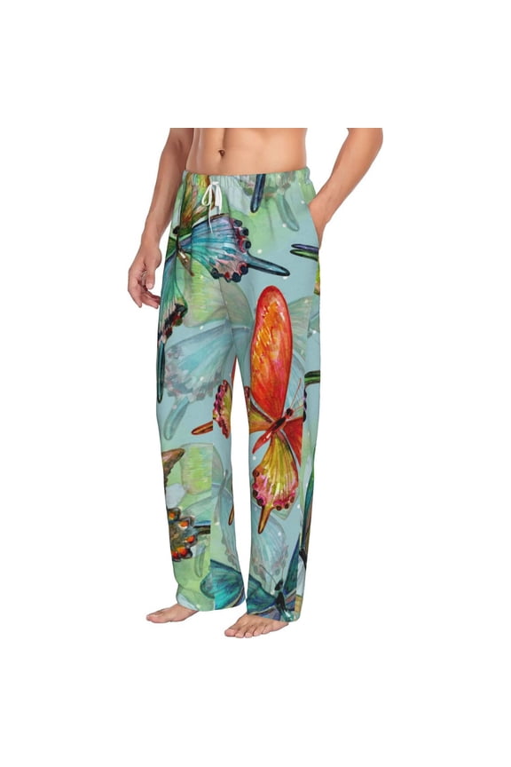 Retro Seamless Flying Butterflies Mens Soft Woven Cotton Elastic Waistband Sleep Pajama Pant Lounge Sleep Pant With Pockets And Drawstring-Medium