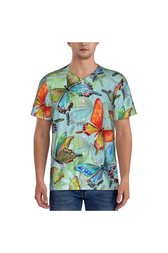 Retro Seamless Flying Butterflies Pattern Mens Polo Shirts Quick Dry Short Sleeve Golf T Shirt Performance Moisture Wicking Casual Workout Baseball T-shirt-4X-Large