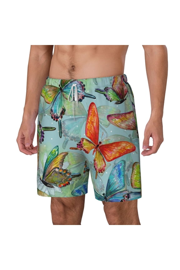 Retro Seamless Flying Butterflies pattern Mens Swim Trunks with Compression Liner Stretch Beach Shorts Quick Dry with Zipper Pockets No-Chafing Board Shorts-Medium