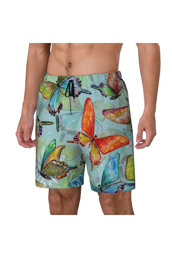 Retro Seamless Flying Butterflies pattern Mens Swim Trunks with Compression Liner Stretch Beach Shorts Quick Dry with Zipper Pockets No-Chafing Board Shorts-Small