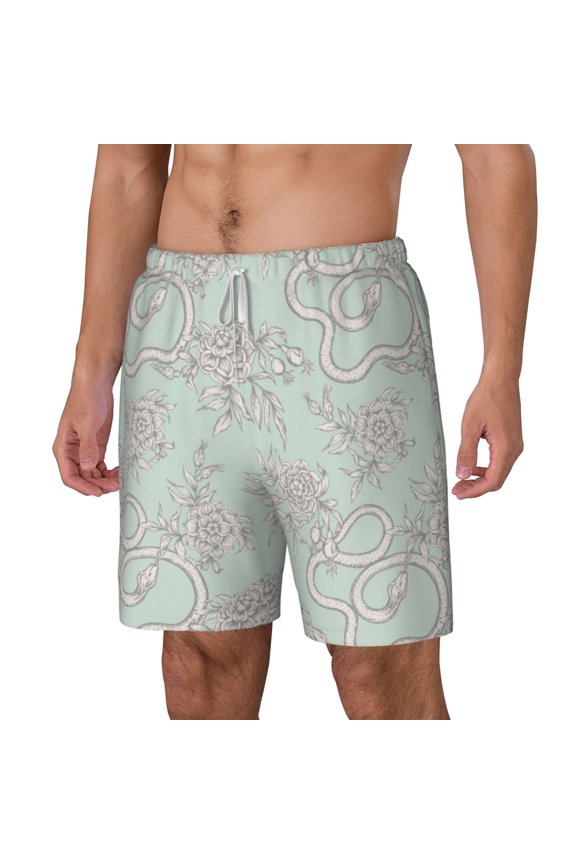 Retro Snake pattern Mens Swim Trunks with Compression Liner Stretch Beach Shorts Quick Dry with Zipper Pockets No-Chafing Board Shorts-Small