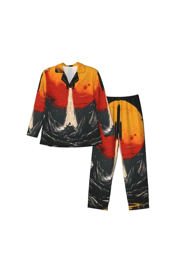 Retro Space Rocket Launch Pattern Men’s Long-Sleeve Sleepwear Set - Soft 2-Piece Loungewear with Pockets, Comfy PJs for Relaxing Nights-Large