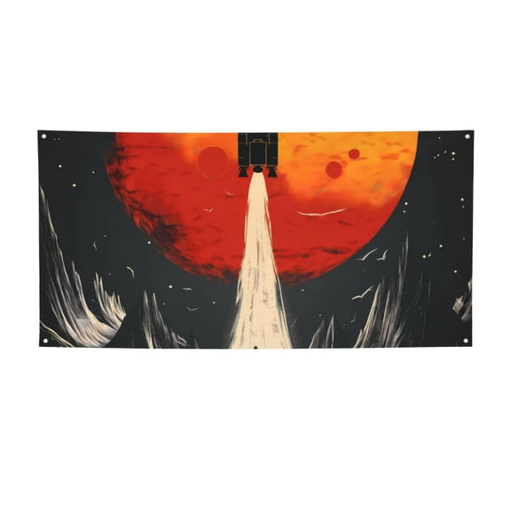 Picia Retro Space Rocket Launch Pattern Party Banner, Festive Decoration, Holiday Banner, Celebration Decor, Event Banner, Reusable Party Banner-Medium