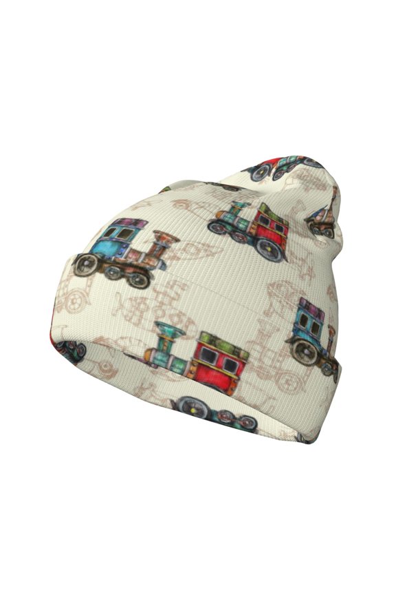 Retro Steampunk Vehicle Pattern Knitted Beanie Hat for Men and Women , Unisex Winter Warm Stretchy Knit Cap Thick Fisherman Beanies Cuffed Plain Skull Caps