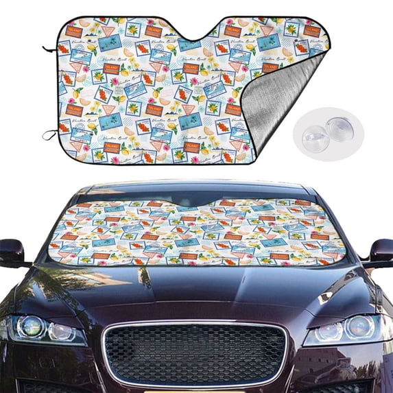 Picia Summer Stamp Curved Windshield Sunshade Accordion Folding Style Auto Shade for Car Truck SUV Van Blocks UV Ray Sun Visor Protector -
