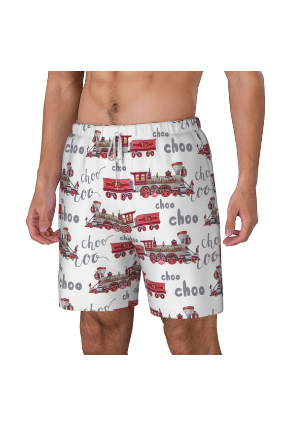 Retro Train pattern Mens Swim Trunks with Compression Liner Stretch Beach Shorts Quick Dry with Zipper Pockets No-Chafing Board Shorts-Small