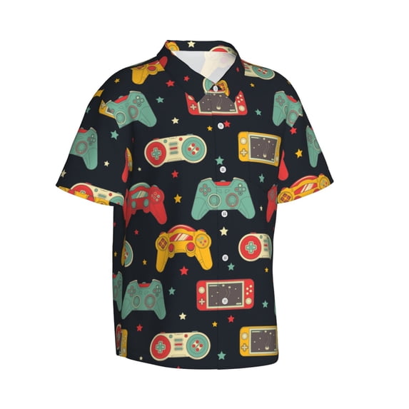 Picia Retro Video Game Gentle Cotton Regular Fit Short Sleeve Casual Hawaiian Shirt for Men-Large