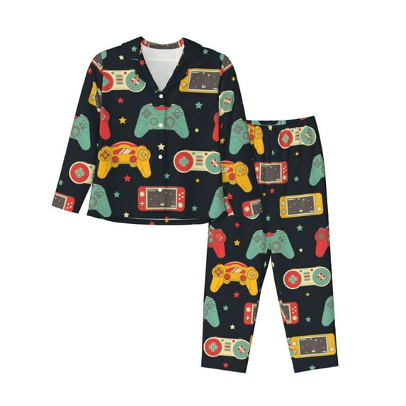 Picia Retro Video Game Pattern Women’s Long-Sleeve Sleepwear Set - Soft 2-Piece Loungewear with Pockets, Comfy PJs for Relaxing Nights-Medium