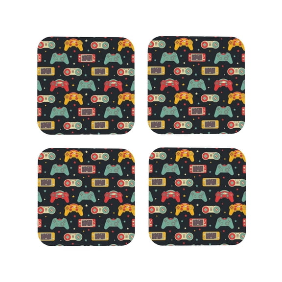 Picia Retro Video Game Printed Leather Coasters for Drinks, 4" Drink Coasters Set of 4 for Tabletop Protection, Handmade Luxurious Home Décor and Housewarming Gift -Square