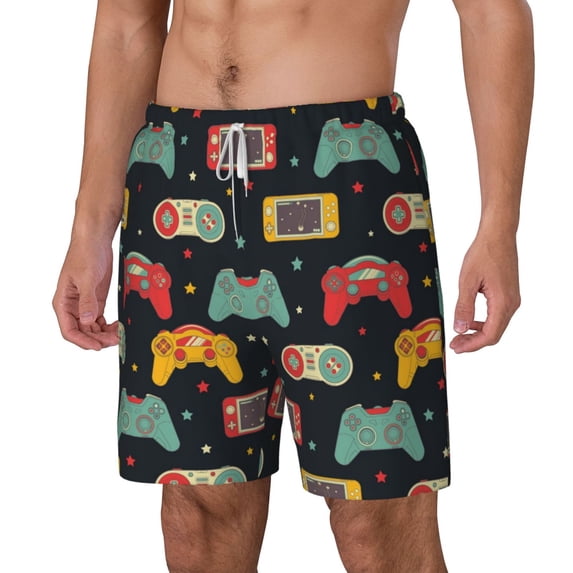 Picia Retro Video Game pattern Mens Swim Trunks with Compression Liner Stretch Beach Shorts Quick Dry with Zipper Pockets No-Chafing Board Shorts-Medium