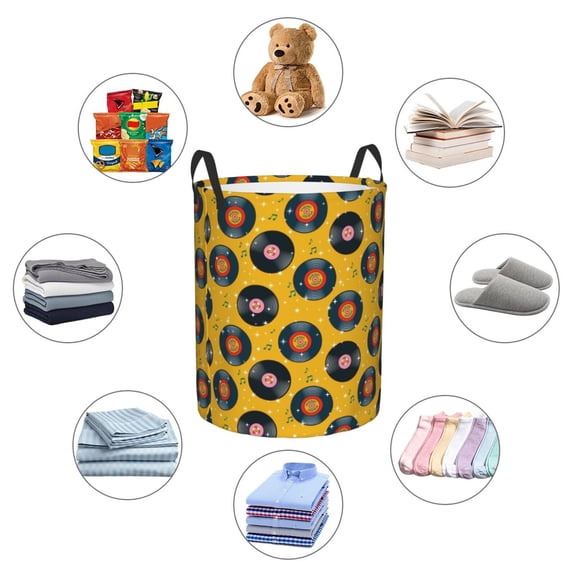 Picia Retro Vinyl Records Large Laundry Basket, Waterproof, Freestanding Laundry Hamper, Collapsible Tall Clothes Hamper with Extended Handles-Medium