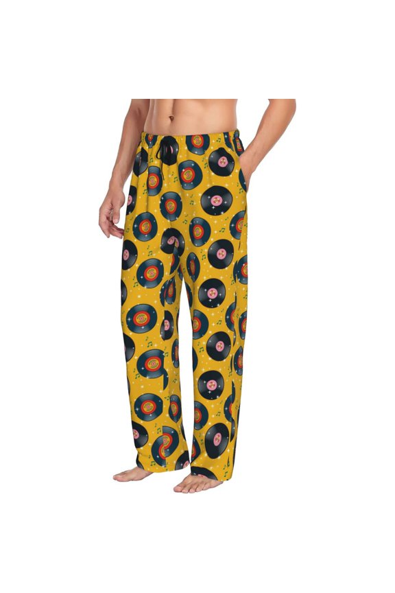 Retro Vinyl Records Mens Soft Woven Cotton Elastic Waistband Sleep Pajama Pant Lounge Sleep Pant With Pockets And Drawstring-Medium