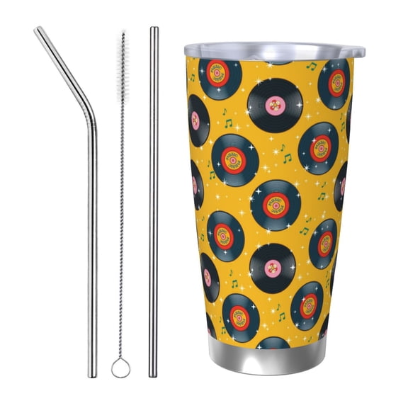 Picia Retro Vinyl Records Pattern 20 oz Tumbler Stainless Steel Vacuum Insulated Coffee Ice Cup Double Wall Travel Flask Dual Lid Water Bottle, Eco-friendly Car Cup-Straw Three-piece Set