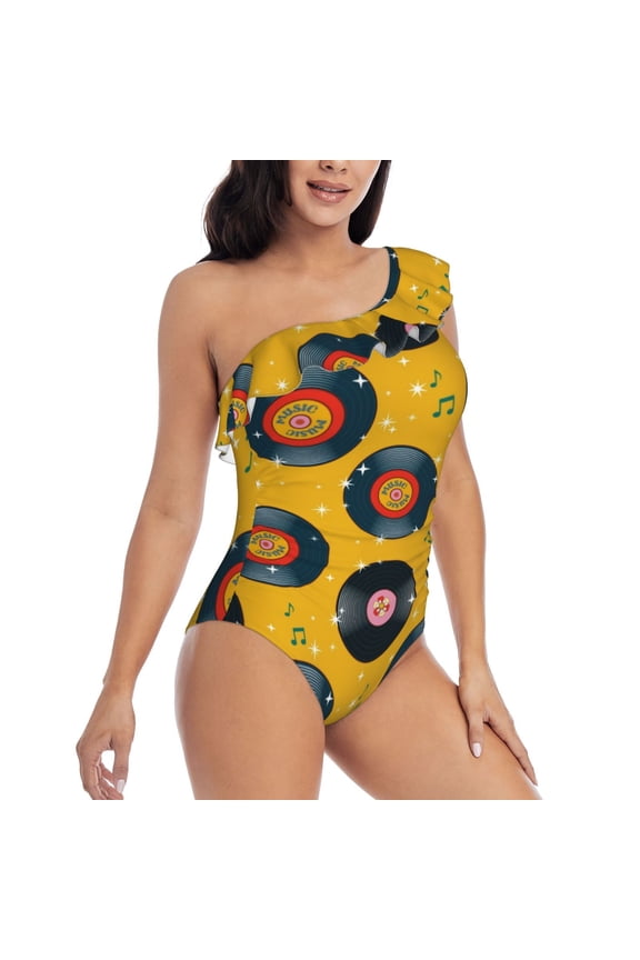 Retro Vinyl Records Pattern Women's One Piece Swimsuits,One Shoulder Swimwear Asymmetric ,Ruffle Monokinis Bathing Suits,High Waisted Flattering Bathing Suits-XX-Large