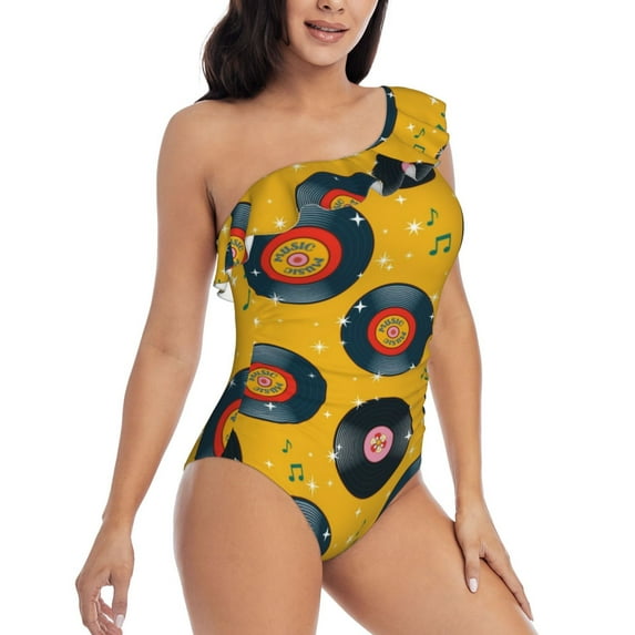 Picia Retro Vinyl Records Pattern Women's One Piece Swimsuits,One Shoulder Swimwear Asymmetric ,Ruffle Monokinis Bathing Suits,High Waisted Flattering Bathing Suits-X-Large