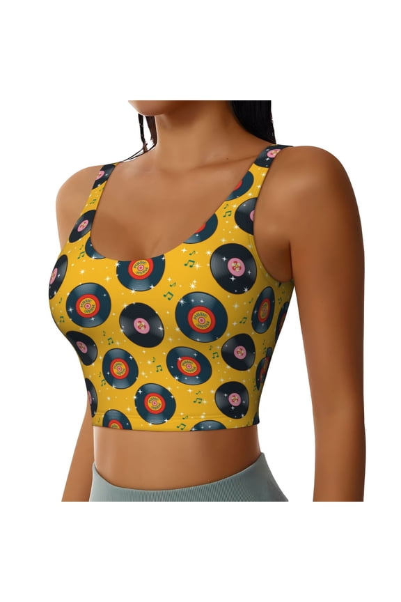 Retro Vinyl Records Sports Bra for Women,Padded Strappy Sports Bras Medium Support Yoga Bra with Removable Cups,Running Yoga Bra-Medium