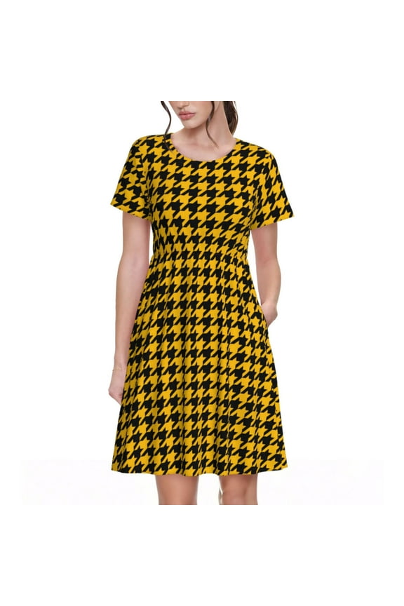 Retro Yellow and Black Houndstooth Pattern Women's Short Sleeve Summer Dress Pleated Loose Swing Knee Length Short Sleeve Swing Dresses