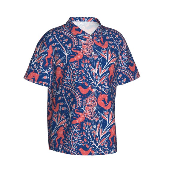 Picia Retro plants forest animals Gentle Cotton Regular Fit Short Sleeve Casual Hawaiian Shirt for Men-Large