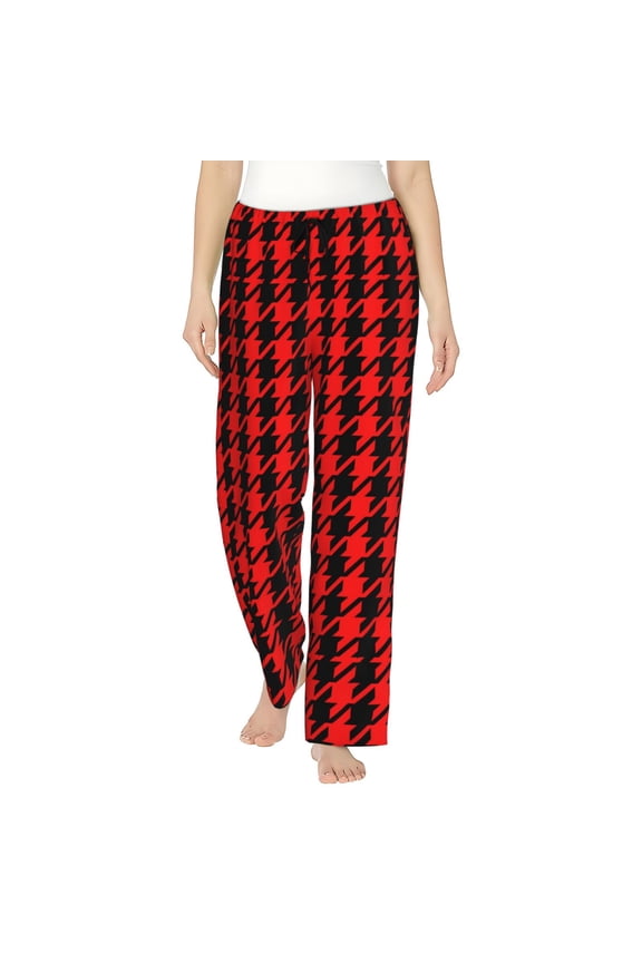 Retro red and Black Houndstooth Pattern Womens Soft Woven Cotton Elastic Waistband Sleep Pajama Pant Lounge Sleep Pant With Pockets And Drawstring-Medium