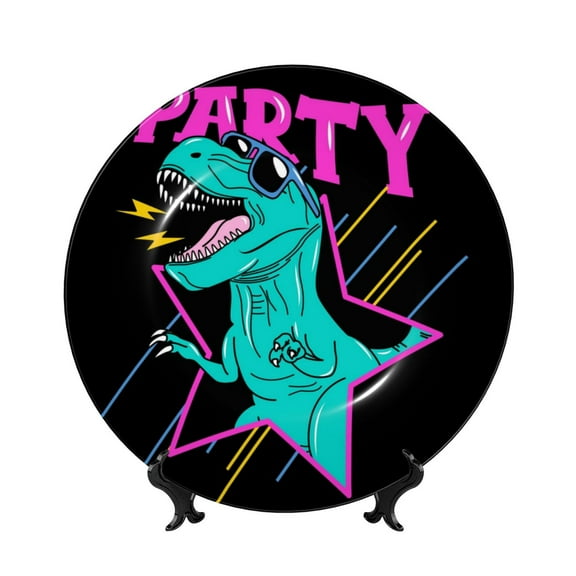 Picia Rex Dinosaur With Sunglasses Pattern Bone China Decorative Plate – Wall Decor with Stand and Adhesive, Elegant Ornament for Living Room, Office, or Entryway-7in