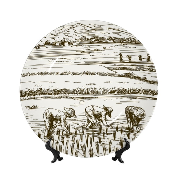 Picia Rice Harvest Pattern Bone China Decorative Plate – Wall Decor with Stand and Adhesive, Elegant Ornament for Living Room, Office, or Entryway-7in