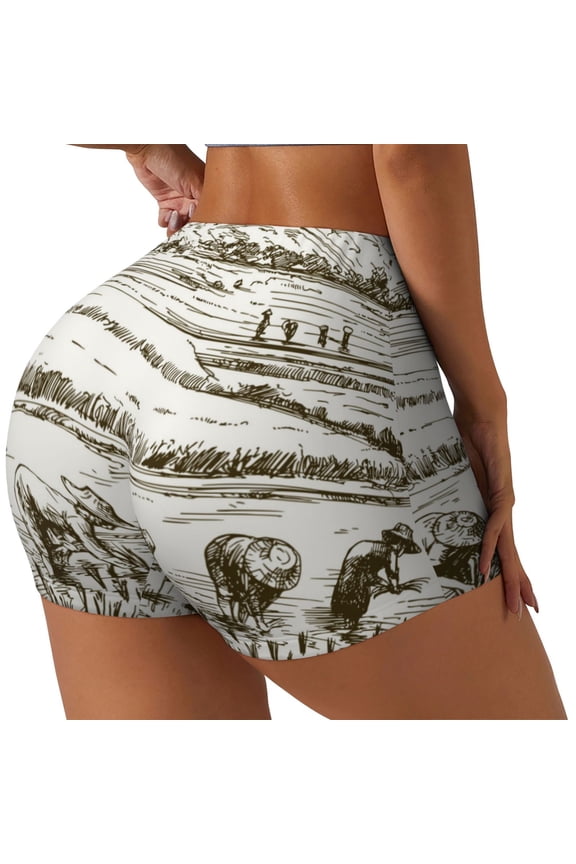 Rice Harvest Printed Workout Shorts for Women Seamless Scrunch Butt Lifting High Waisted Yoga Gym Booty Running Moisture-wicking Short Pants-X-Large