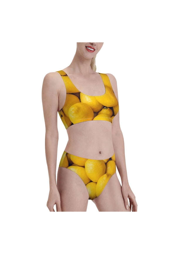 Ripe Yellow Lemon Women's High Waisted Bikini Scoop Neck Swimsuit Two Pieces Bathing Suit-Large