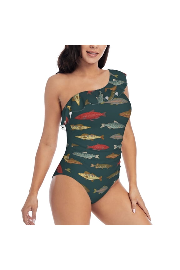 River Freshwater Fish Pattern Women's One Piece Swimsuits,One Shoulder Swimwear Asymmetric ,Ruffle Monokinis Bathing Suits,High Waisted Flattering Bathing Suits-Medium