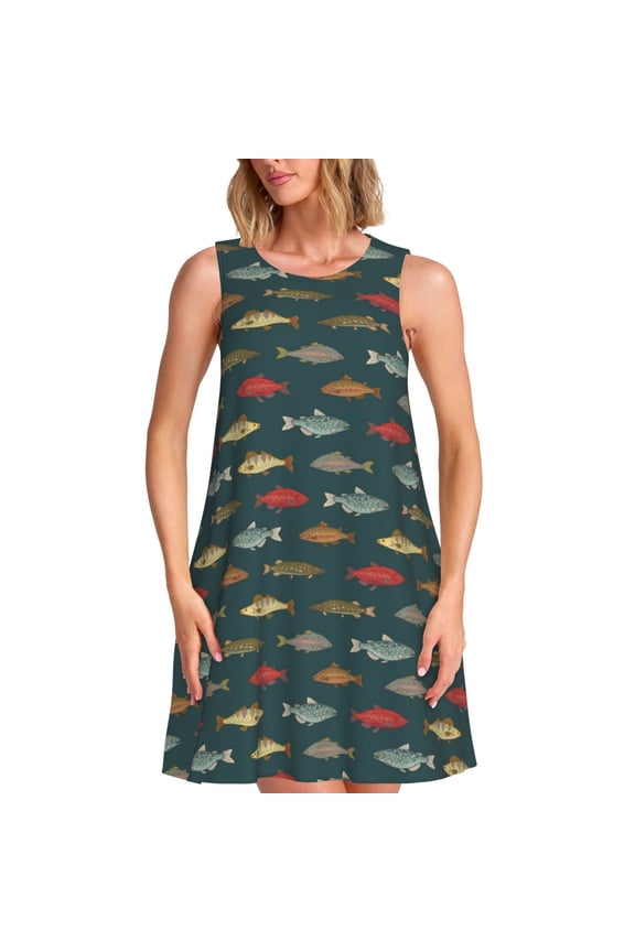 River Freshwater Fish Print Women’s Sleeveless Midi Swing Dress – A-Line Pleated Tank Sundress, Comfortable and Flowy T-Shirt Dress