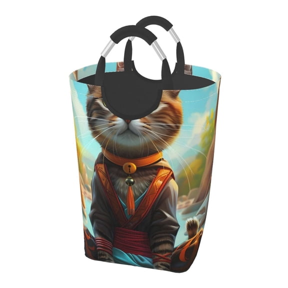 Picia Riverside Meditating Cat Laundry Basket With Handles Laundry Hamper Toys Storage Organizer Foldable Bucket Washing Bin Dirty Clothes Bag For Home Bathroom Bedroom Dorm