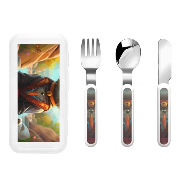 Picia Riverside Meditating Cat Print Children's Knife, Fork And Spoon Set - Kids Knife Fork Spoon - Stainless Steel Kids Silverware Set - Metal Kids Cutlery Set