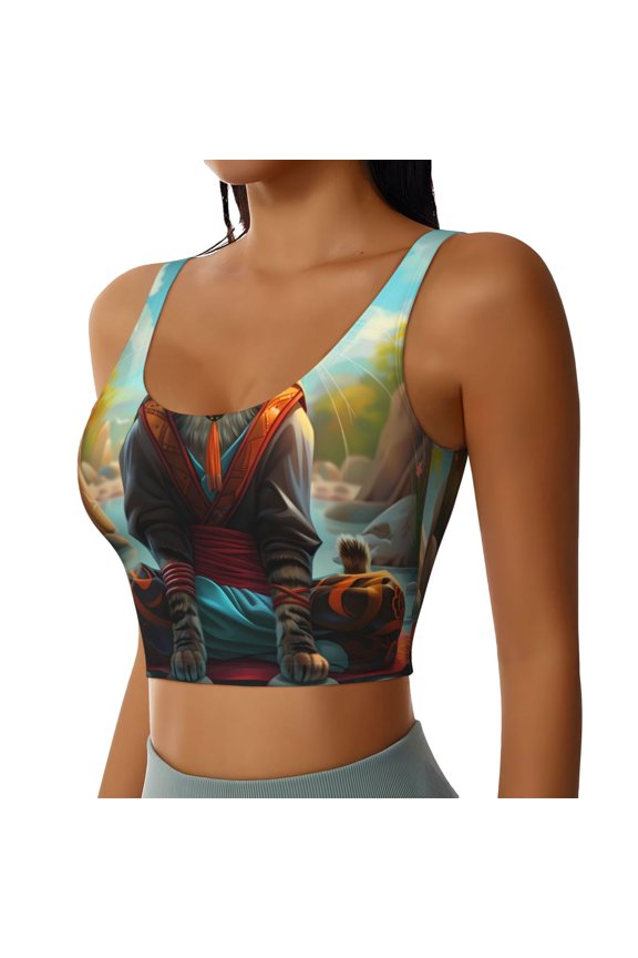 Riverside Meditating Cat Sports Bra for Women,Padded Strappy Sports Bras Medium Support Yoga Bra with Removable Cups,Running Yoga Bra-XX-Large