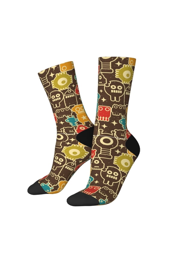 Robot and Monsters Print Athletic Socks for Men & Women – Cushioned Moisture-Wicking Crew Socks for Sports, Running, and Training, Soft & Breathable Size 5-11